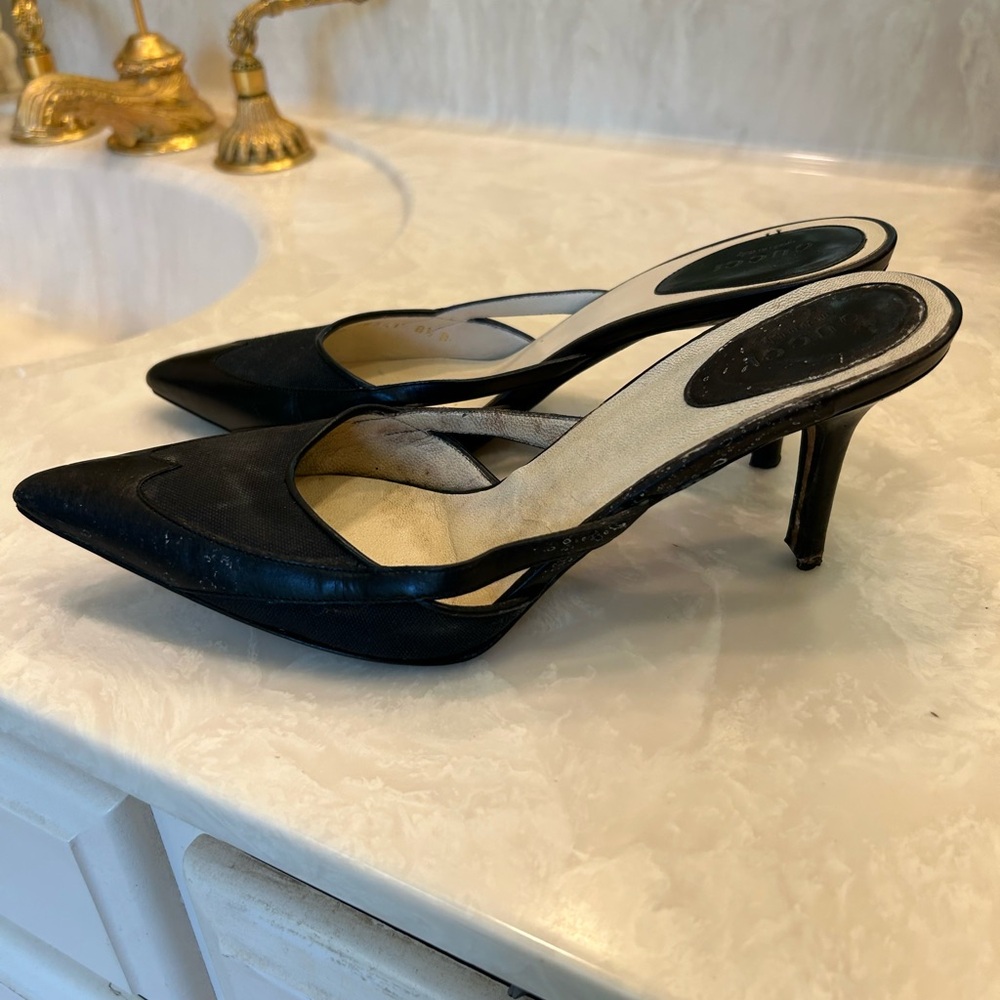 Gucci heeled slides, Black Leather and Canvas, Preowned, Sz 8.5 B - Picture 11 of 14
